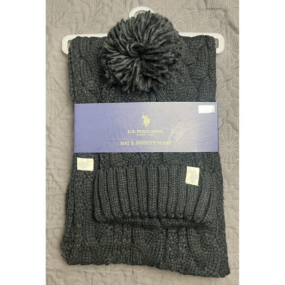 U.S Polo Assn. Cable Knit Pom Hat & Infinity Scarf Black NWT Fall Winter Chic - Picture 2 of 7